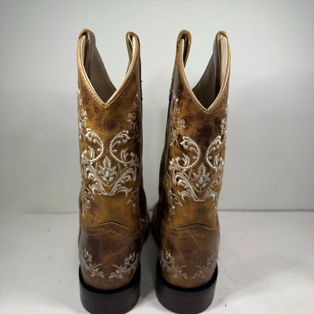 BSY1958 Old West Girl's Youth Square Toe Leather Western Boot Brown Size 7 - Picture 4 of 9